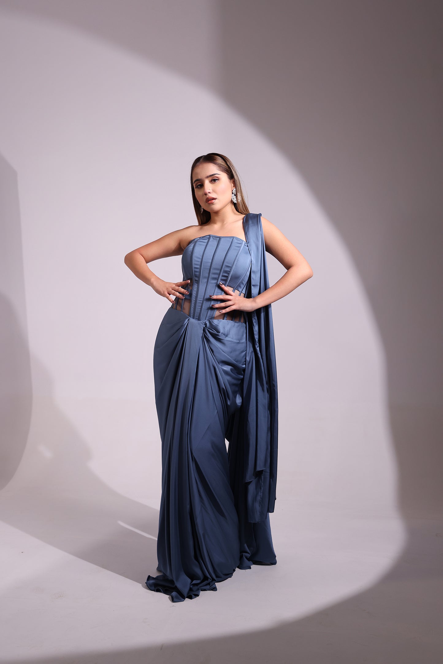 BLUISH GREY CORSET WIRED COWL DRAPE