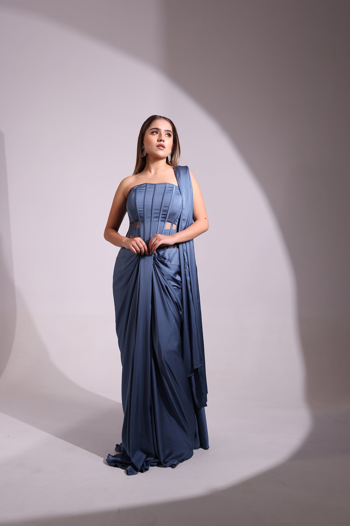 BLUISH GREY CORSET WIRED COWL DRAPE
