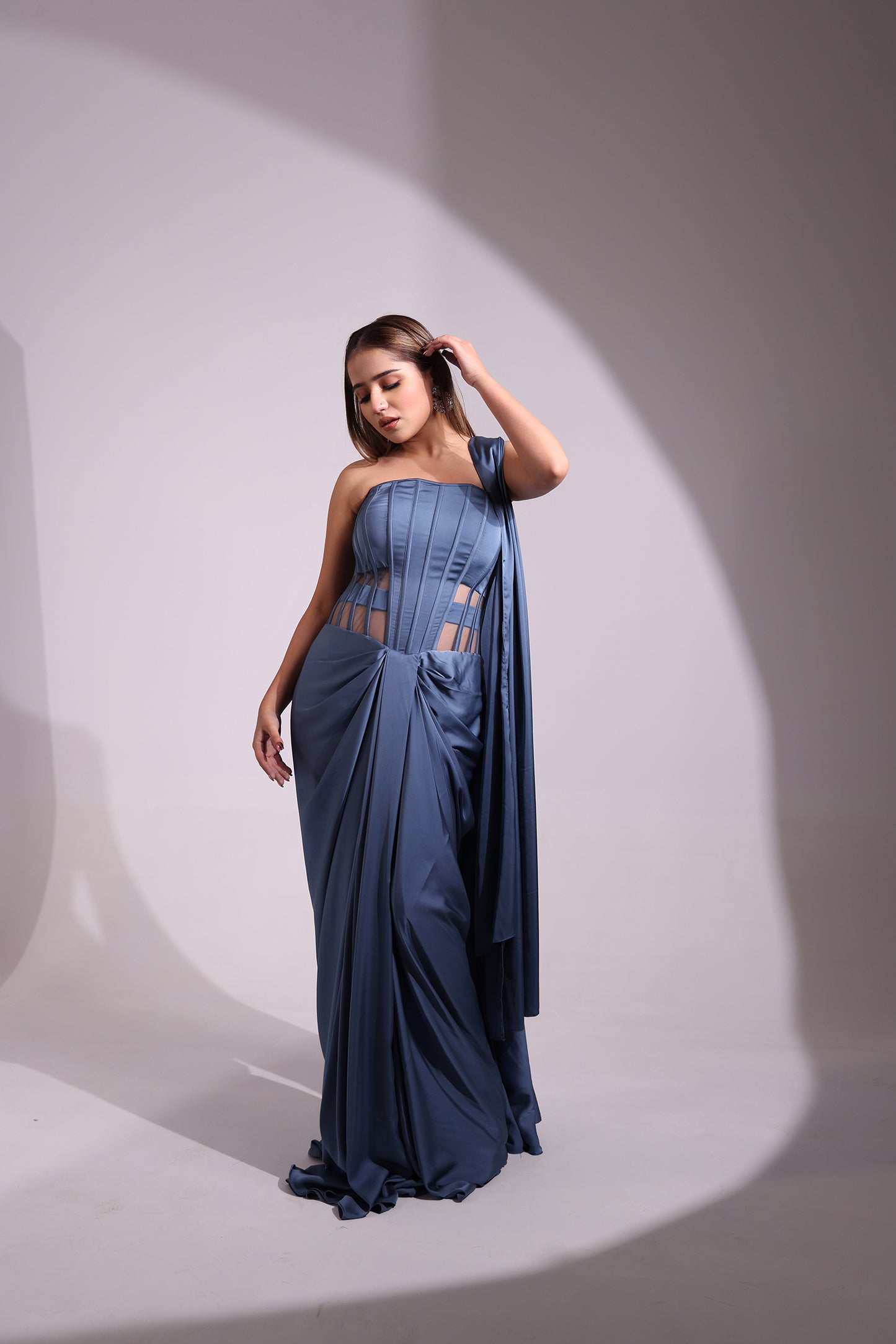 BLUISH GREY CORSET WIRED COWL DRAPE