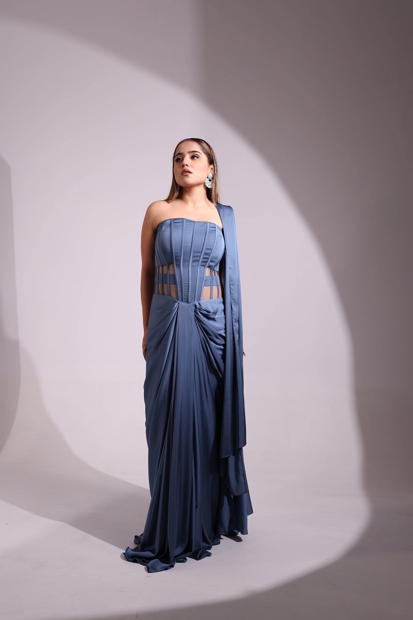 BLUISH GREY CORSET WIRED COWL DRAPE