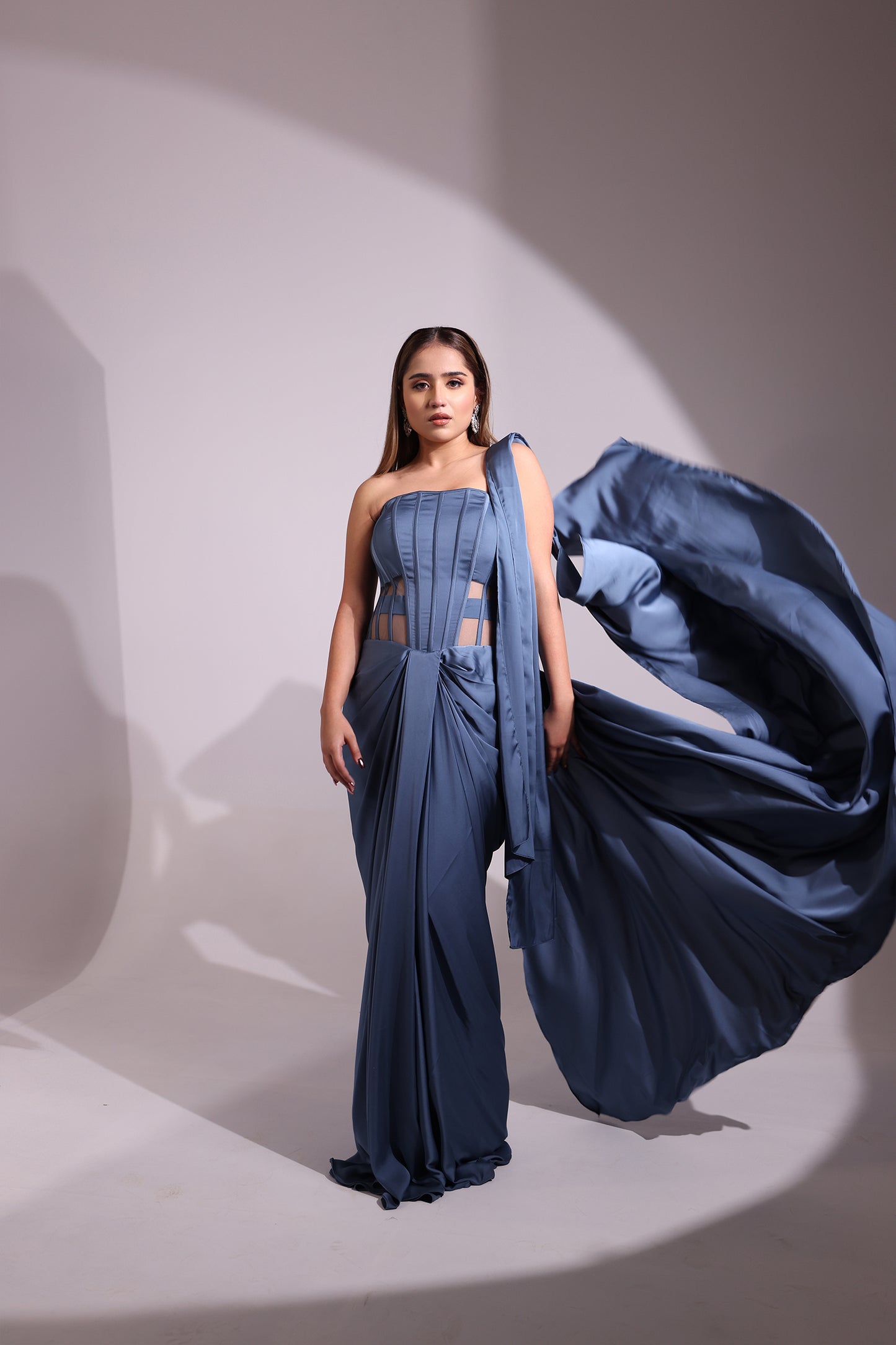 BLUISH GREY CORSET WIRED COWL DRAPE