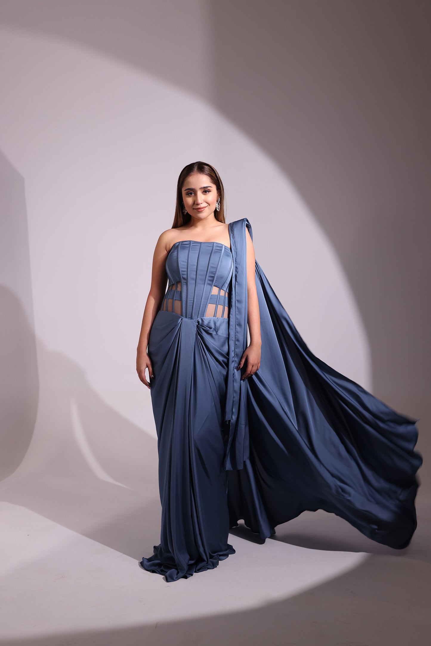 BLUISH GREY CORSET WIRED COWL DRAPE