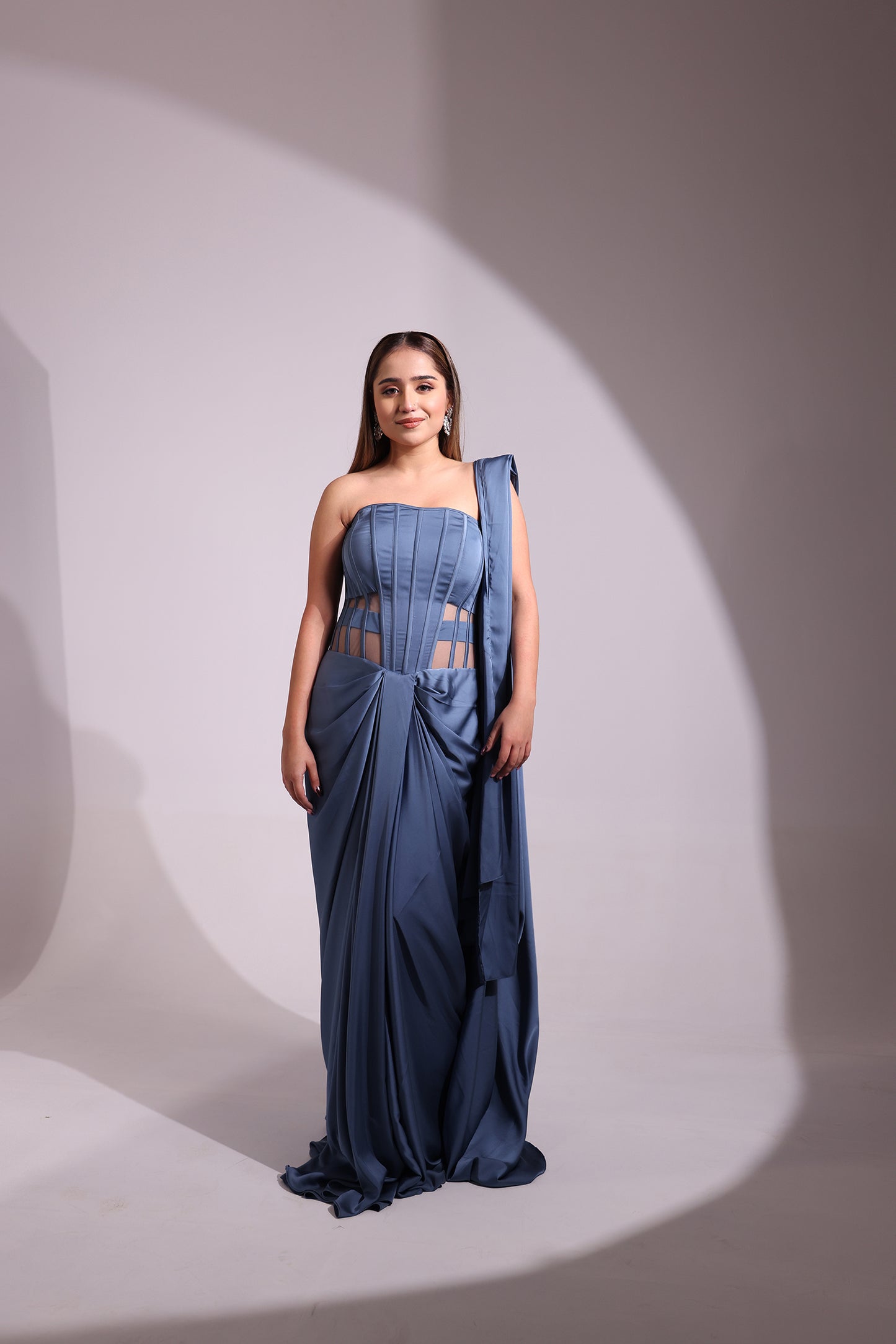 BLUISH GREY CORSET WIRED COWL DRAPE