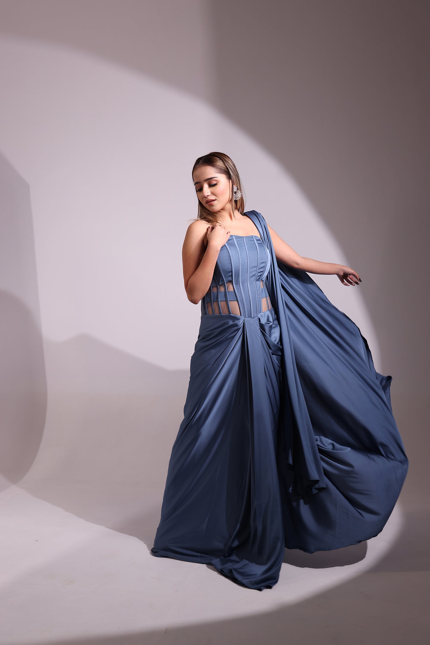 BLUISH GREY CORSET WIRED COWL DRAPE