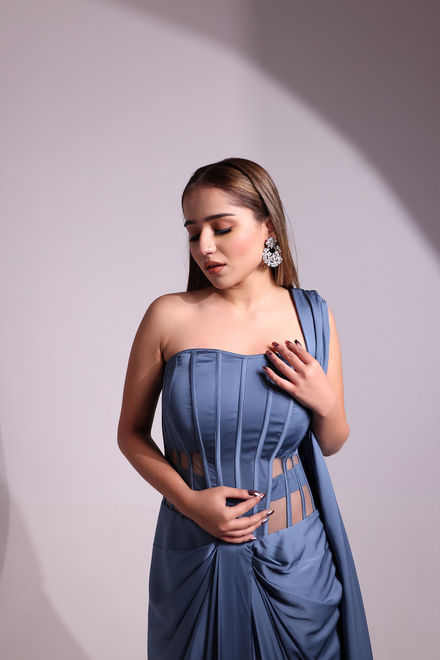 BLUISH GREY CORSET WIRED COWL DRAPE