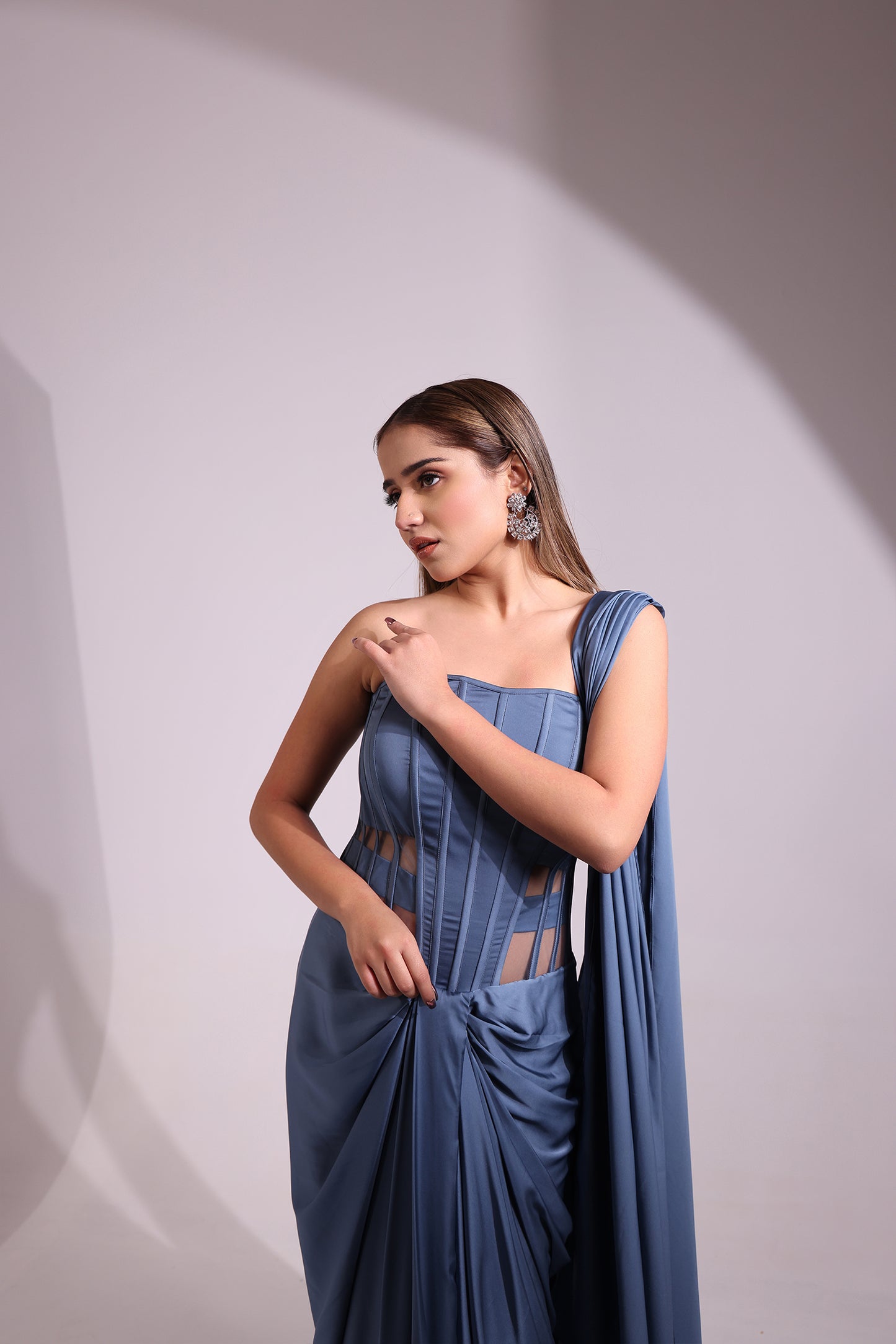 BLUISH GREY CORSET WIRED COWL DRAPE
