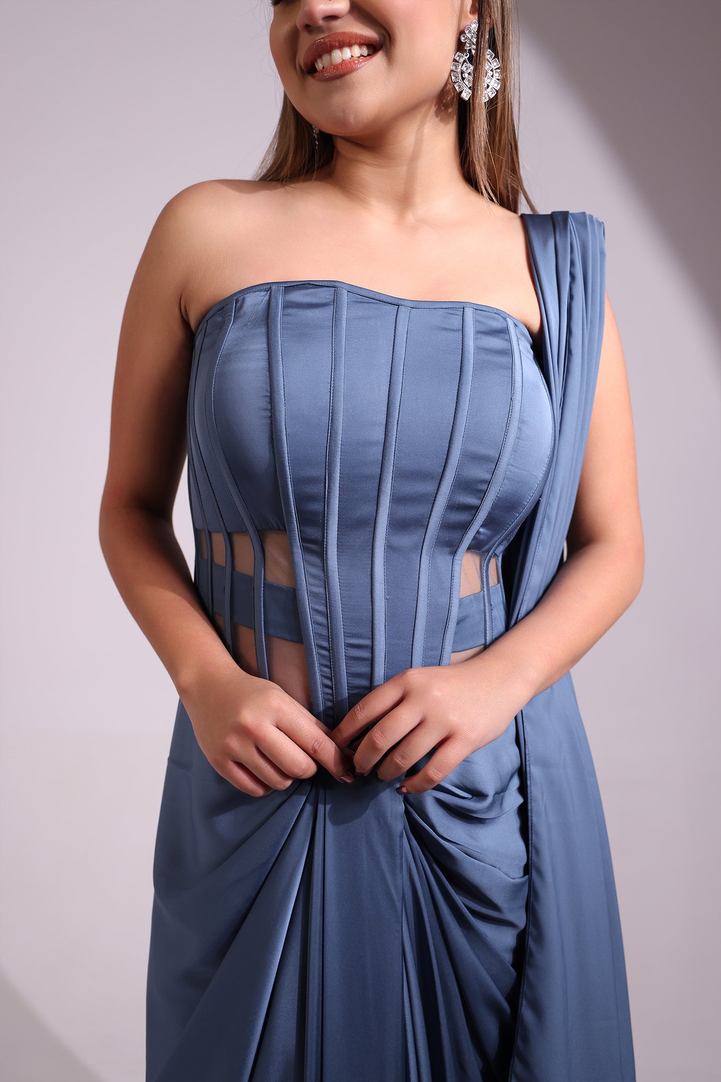 BLUISH GREY CORSET WIRED COWL DRAPE