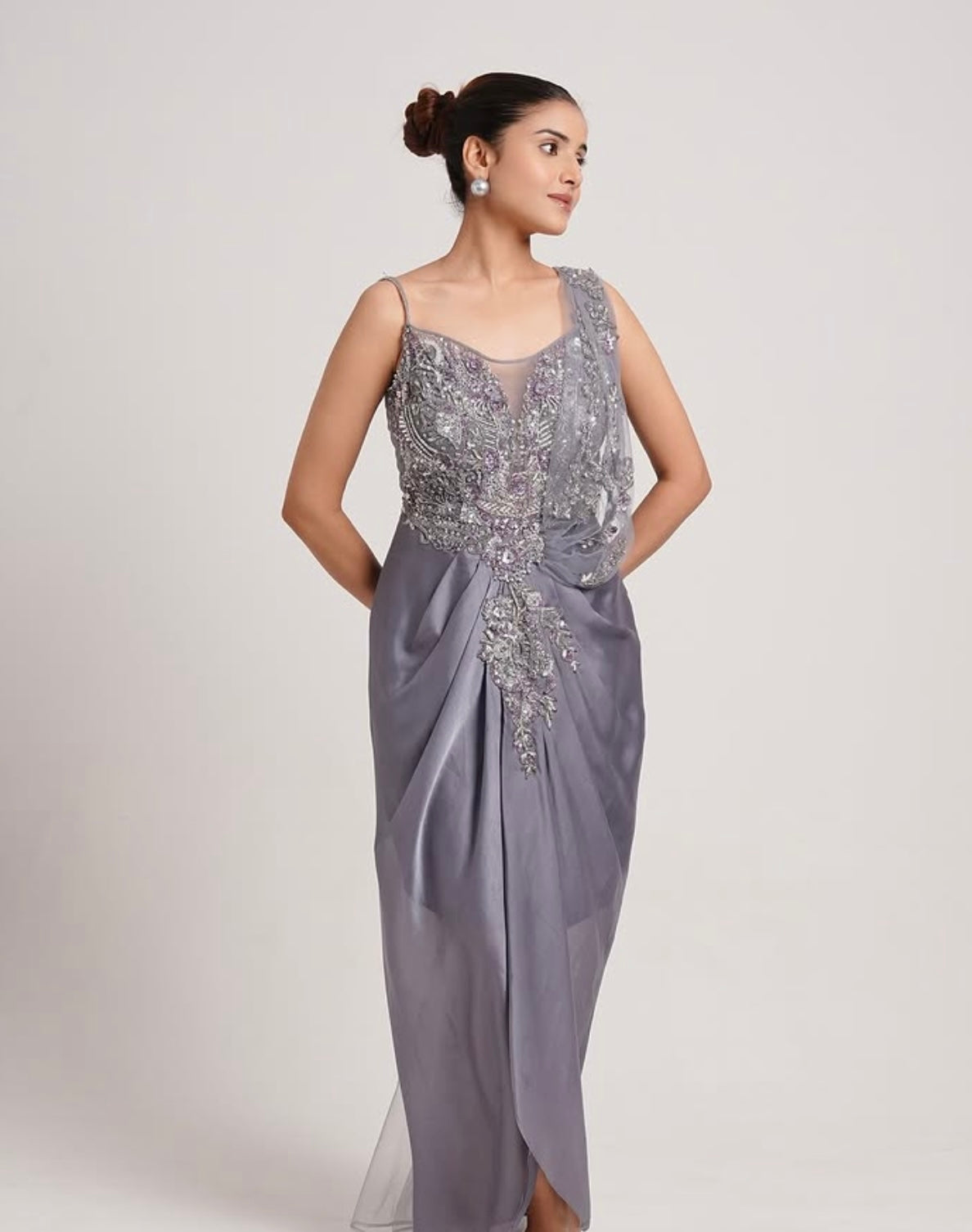 GREY DRAPPED SKIRT WITH HAND EMBROIDERED BLOUSE