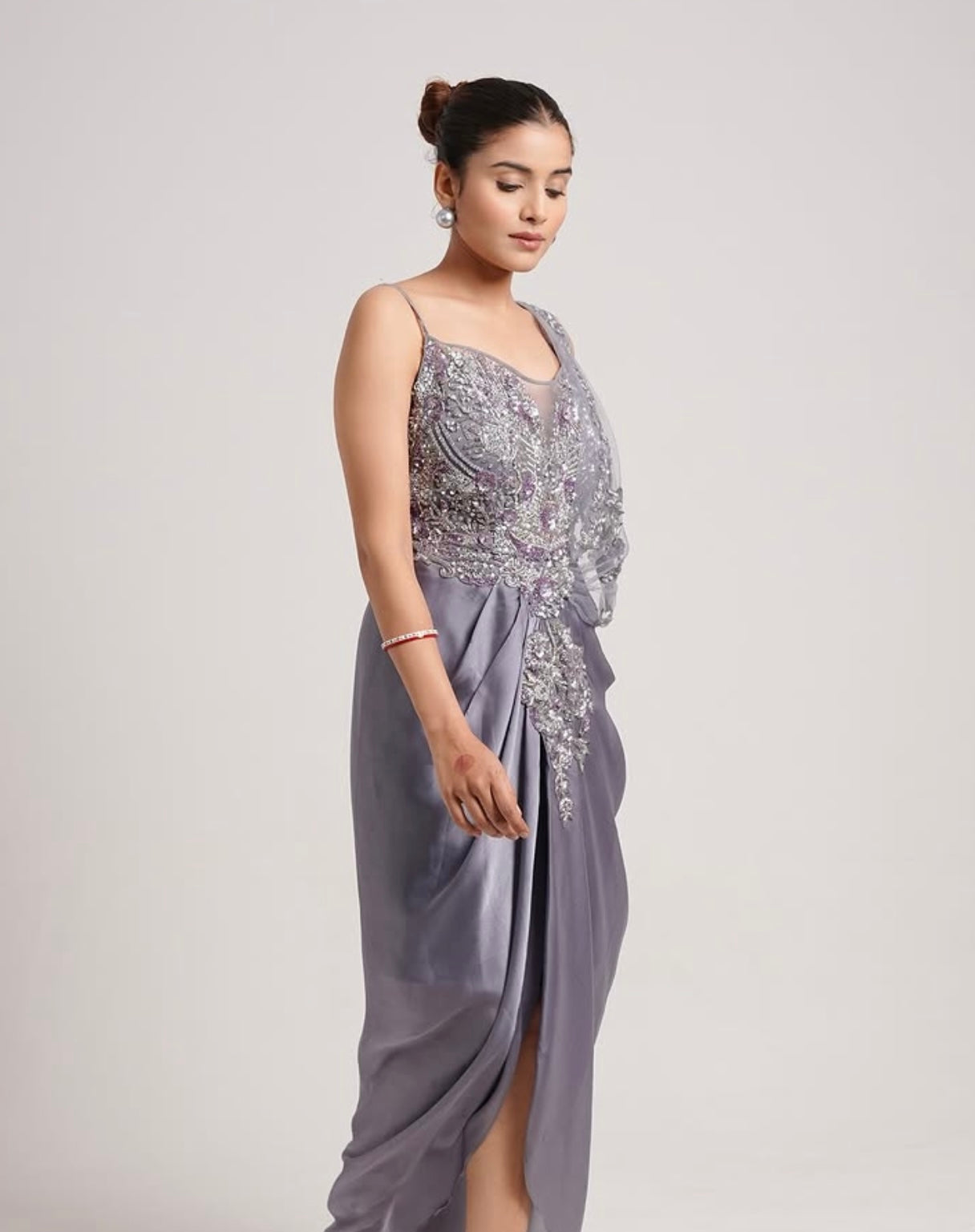 GREY DRAPPED SKIRT WITH HAND EMBROIDERED BLOUSE