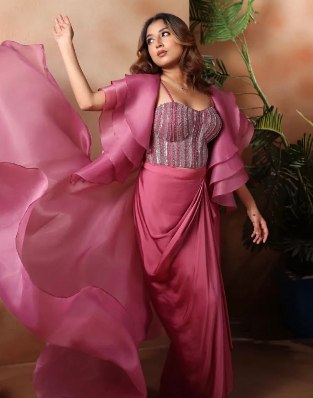 BLUSH PINK CORSET SKIRT WITH RUFFLED CAPE