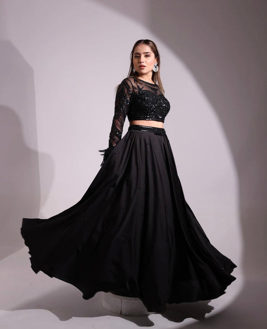EBONY BLACK EMBELLISHED BLOUSE AND SKIRT LEHENGA