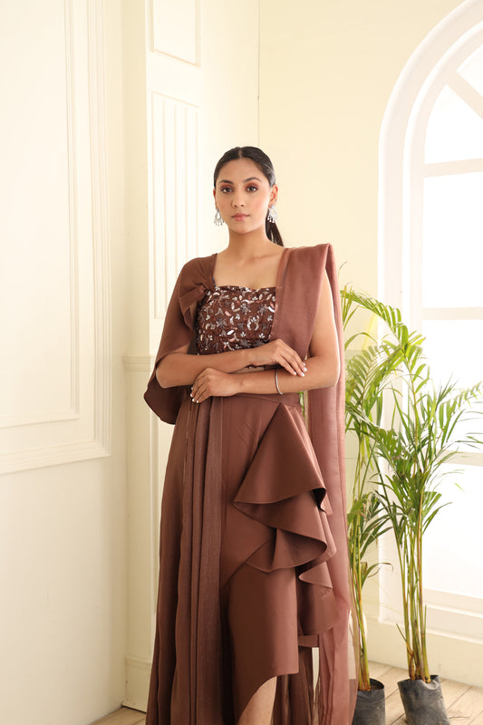 MOCHA BROWN RUFFLED CUT SKIRT WITH PEPLUM BLOUSE AND DRPAE
