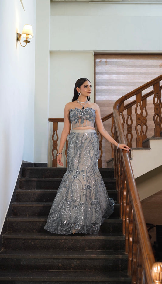 FLORAL CORSET BLOUSE FISH CUT LEHENGA