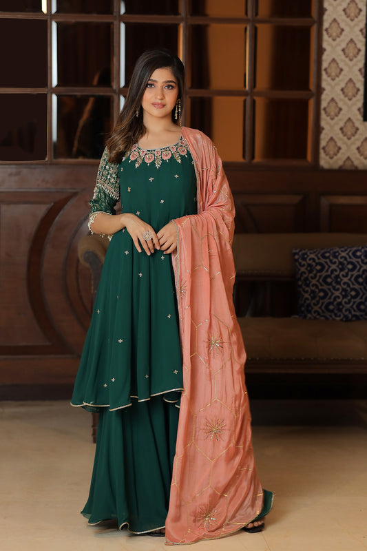GREEN SHORT ANARKALI WITH KALIDAAR