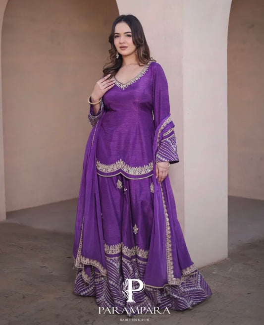 LONG PURPLE TUNIC WITH MATCHING WIDE LEGGED PANTS