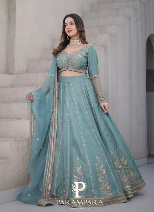 TEAL COLORED LEHENGA CHOLI WITH EMBROIDERY