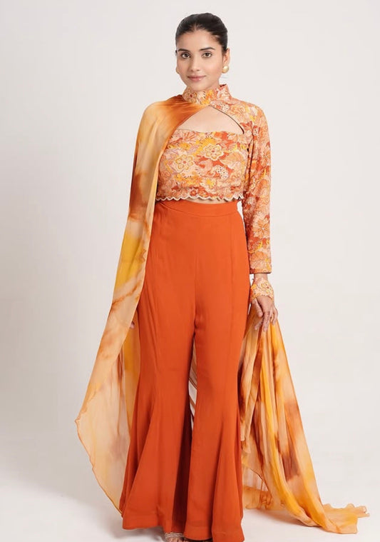 ORANGE FLORAL ONE SIDED SLEEVE TOP WITH PANTS