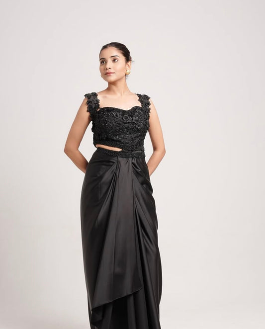 FLORAL 3D CROP TOP WITH LONG DRAPE SKIRT