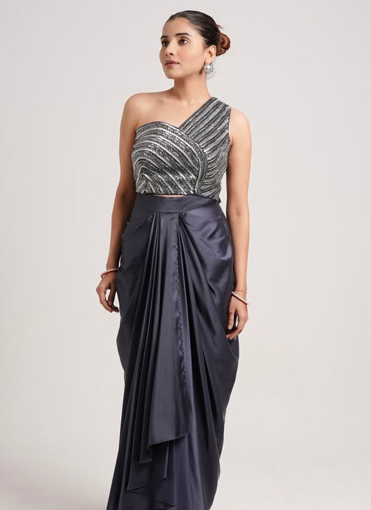 ONE SHOULDER BLOUSE WITH DRAPE SKIRT