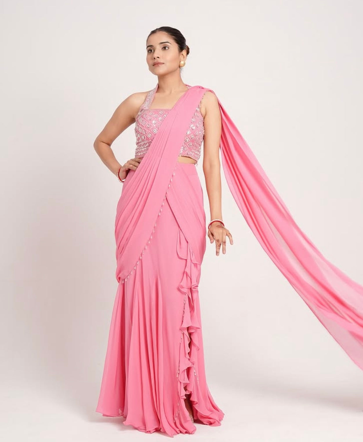 PASTEL PINK SAREE WITH SLIT RUFFLED HEM