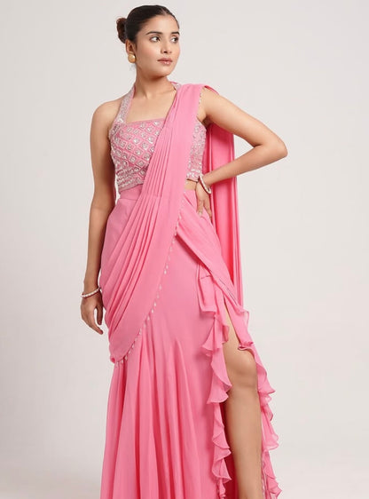 PASTEL PINK SAREE WITH SLIT RUFFLED HEM