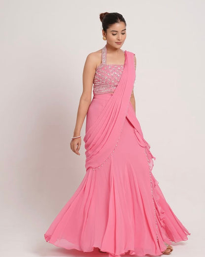 PASTEL PINK SAREE WITH SLIT RUFFLED HEM