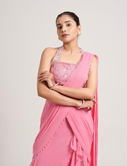 PASTEL PINK SAREE WITH SLIT RUFFLED HEM