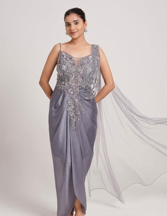 GREY DRAPPED SKIRT WITH HAND EMBROIDERED BLOUSE