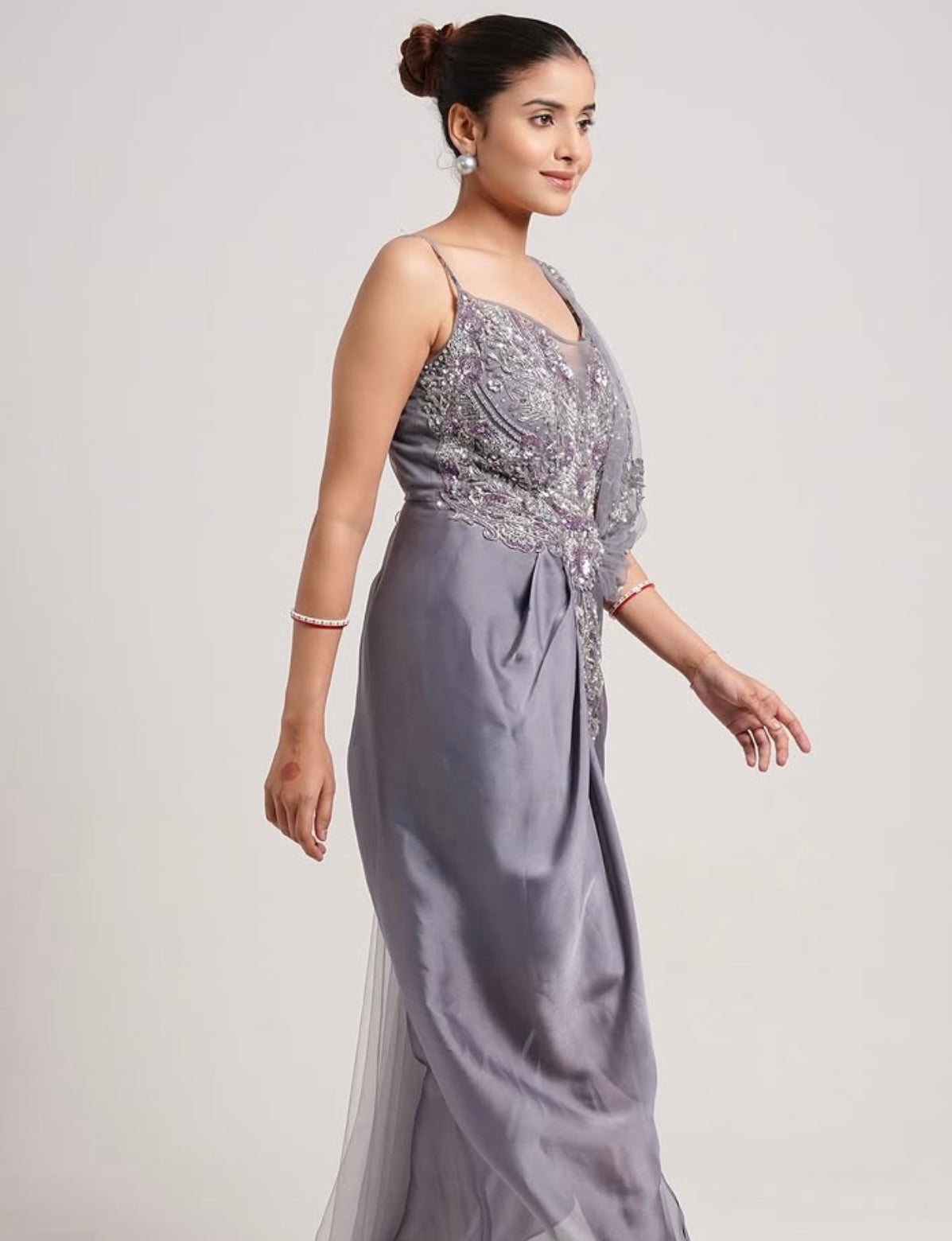 GREY DRAPPED SKIRT WITH HAND EMBROIDERED BLOUSE
