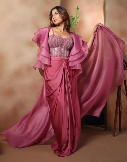 BLUSH PINK CORSET SKIRT WITH RUFFLED CAPE